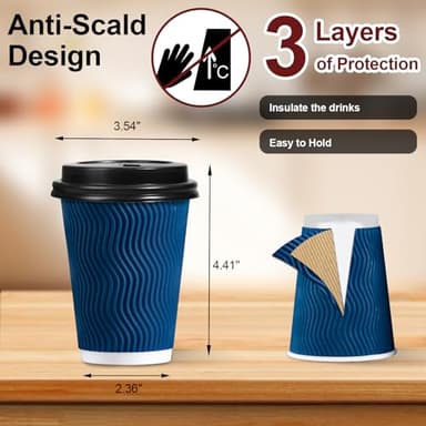 Lamosi 12 OZ Disposable Coffee Cups with Lids 50 Pack, Hot Paper Insulated Corrugated Ripple Wall Cup for To Go Drinks and Beverages - Image 3