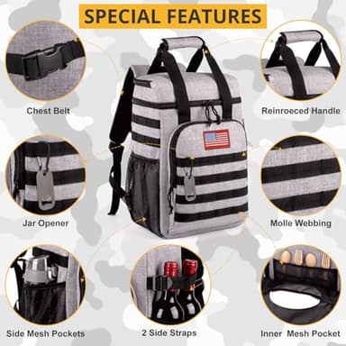 Tactical Backpack Cooler,Lunch Backpack for Men Work with Handle,Soft Cooler Backpack Insulated Waterproof Leak Proof,Heavy Ice Chest Backpack for Hiking Camping(Grey) - Image 7
