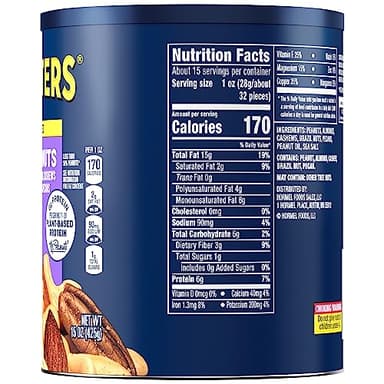 Planters Mixed Nuts (15 oz Canister) - Variety Mixed Nuts with Less Than 50% Peanuts with Peanuts, Almonds, Cashews, Hazelnuts & Pecans - Image 2