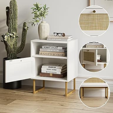 Masupu Rattan Nightstand,Modern Boho Farmhouse Wood Bedside Table with Storage Drawer and Open Shelf,Small Gold Frame Side End Table for Bedroom,Living Room,Office(White - Image 8