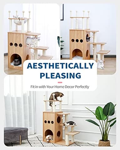 Made4Pets Modern Cat Tree for Large Cat, Wood Cat Tower Heavy Duty with Scratch Post for Indoor Big Cats, 51" Extra Tall Cat Condo Sturdy Frisco Castle with Clear Bowl for Kittens Maine Coon 20Lbs - Image 8