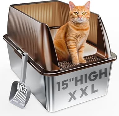 Tripamin 15” XL Stainless Steel Cat Litter Box Enclosure, XXL Stainless Steel High Sides with Lid, Extra Large Metal Cat Litter Box (Translucent Brown, XX-Large) - Image 1