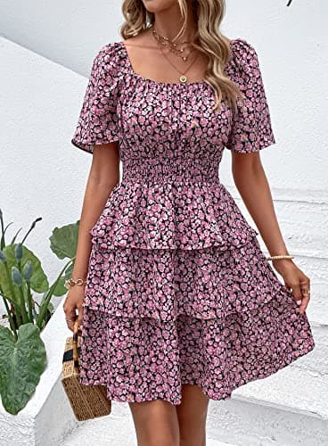 PRETTYGARDEN Women's 2025 Floral Summer Short Dress Square Neck Short Sleeve Tiered Ruffle Boho Swing Dresses (Black Pink Floral,Medium) - Image 5