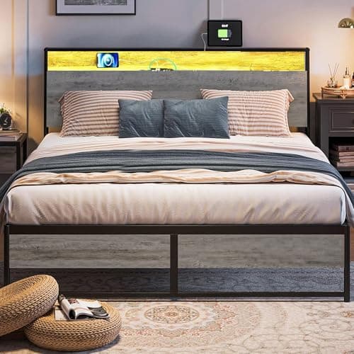 LINSY King Size Bed Frame, Ergonomic Storage Headboard with Charging Station& LED Lights, Fast Assembly King Bed Frame, Noise Free, No Box Spring Needed, Greige - Image 1