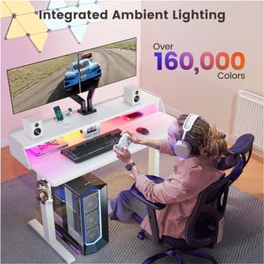 ErGear Standing Desk with LED Strip, 55″ x 28″ Electric Height Adjustable RGB Gaming Table with Shelf, Sit Stand Desk with Dual Cable Holes, C-Clamp Mount Compatible, 4 Preset Heights, White - Image 3