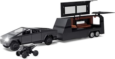 Cybertruck Model: 1/32 Diecast Metal Pick-Up Truck Trailer Toy with Motorcycle with Lights and Sounds for Boys, Ages 3 and Up (Gray, Pickup Trailer with RV - Image 1