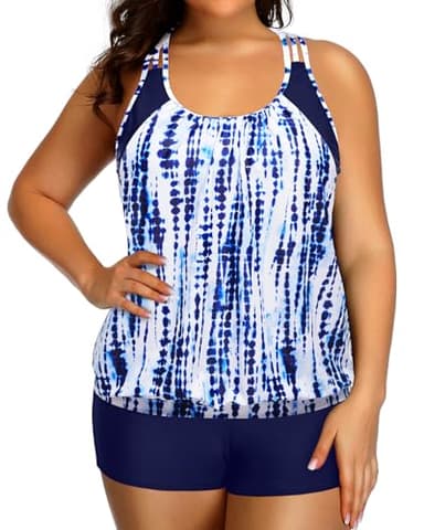 Holipick Blue Tie Dye Plus Size Tankini Swimsuit for Women Two Piece Tummy Control Bathing Suit Blouson Racerback Tankini Top with Shorts 20W - Image 6