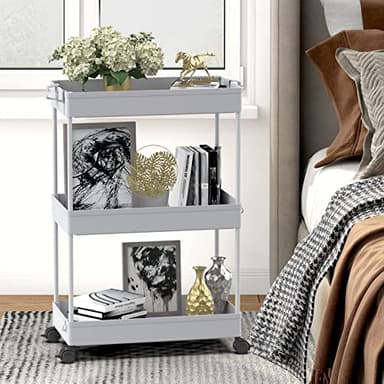 SPACELEAD 3 Tier Rolling Cart with Wheels, Storage Craft Art Trolley Organizer Serving, 3 Hanging Baskets Easy Assembly, for Office, Living Room, Kitchen, Gray - Image 7