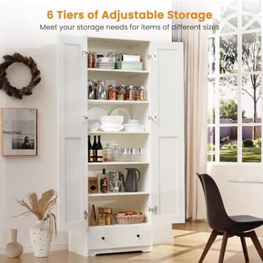 Teekyooly 70" Farmhouse Kitchen Pantry Cabinet, Tall Large Wood Storage Cabinet with 6 Adjustable Shelves, 2 Barn Doors & Drawer for Bathroom, Dining Room, Antique White - Image 4