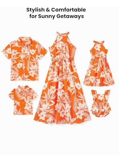 PATPAT Family Hawaiian Matching Outfits with Baby Mommy and Me Beach Dresses Tropical Floral Palm Leaf Print Halter Neck Hawaiian Sundress Boho Vacation Orange Romper Dress for Baby Girl 9-12 Months - Image 3