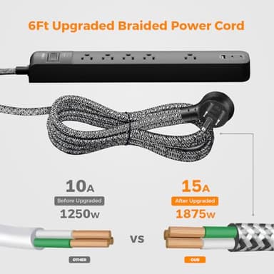 2 Pack Power Strip Surge Protector - 5 Widely Spaced Outlets 3 USB Charging Ports, 1875W/15A 6Ft Braided Extension Cord, Flat Plug Overload Protection, Wall Mount for Home Office Dorm Room Essentials - Image 7
