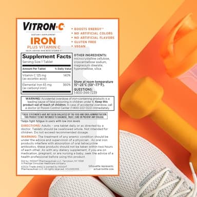 Vitron-C Iron Supplement, Once Daily, High Potency Iron Plus Vitamin C, Support Red Blood Cell Production, Dye Free Tablets, 60 Count, 2 Pack - Image 8