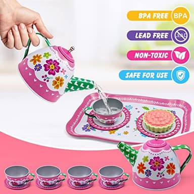 Hohosunlar Kids Tea Party Set for Little Girls, Flower Toy Tin Tea Set with Carry Case, Dessert Play Food Tea Cup Set Teapot Girl Jewelry, Birthday for Girls Kids 3 4 5 6 7 Years Old - Image 5