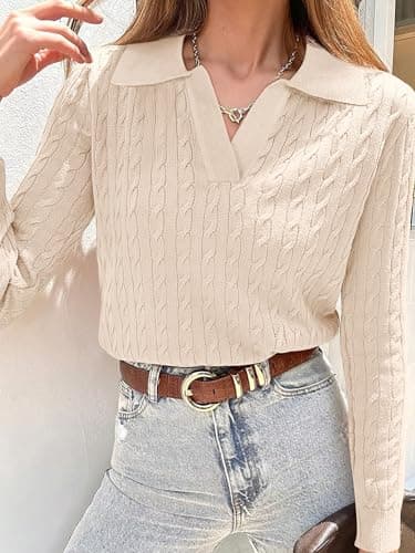ANRABESS Womens Cable Knit Sweaters Long Sleeve V Neck Sweater Tops Casual Pullover Polo Shirts 2025 Fall Fashion Outfits Parchment Beige L - Image 2