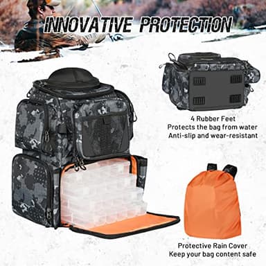 X Strike Fishing Tackle Backpack, 48L Large Fishing Bag with Rod Holders, 4 Tackle Box and Protective Rain Cover, Waterproof Tackle Storage Bag for Fishing, Camping, Hiking, Hunting. - Image 6