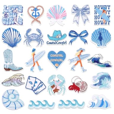 24Pcs Coastal Cowgirl Iron On Patches for Hats, Summer Ocean Embroidered Blue Patches for Girls, Heat Press Embroidery Patch for Trucker Hat/Clothes/Denim Jeans/Beach Bags - Image 9