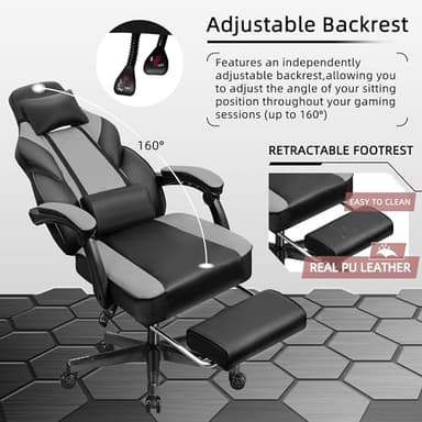 Shintenchi Gaming Chair, Computer Chair with Footrest and Lumbar Support,Video Game Chair Height Adjustable,Racing Style Computer Chair with 360°-Swivel Seat and Headrest (Grey) - Image 6