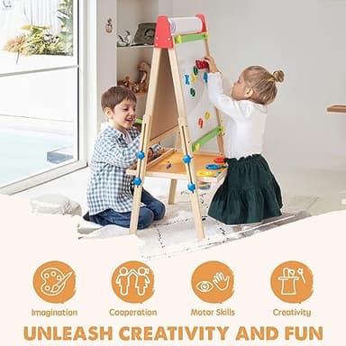 Tiny Land Easel for Kids with 2 Drawing Paper Roll, Adjustable Kids Art Easel, Learning-Toy for 3,4,5,6,7,8 Years Old Boy & Girls, Wooden Chalkboard & Magnetic Whiteboard & Painting Paper Stand - Image 3