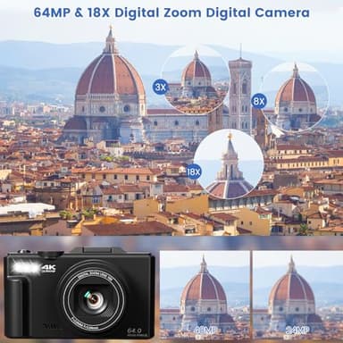 4K Digital Camera for Photography with 3" 180°Flip Screen,64MP Vlogging Camera for YouTube, HD WiFi Compact Camera with Flash, 18X Digital Zoom, 32GB TF Card & 2 Batteries(Black) - Image 3