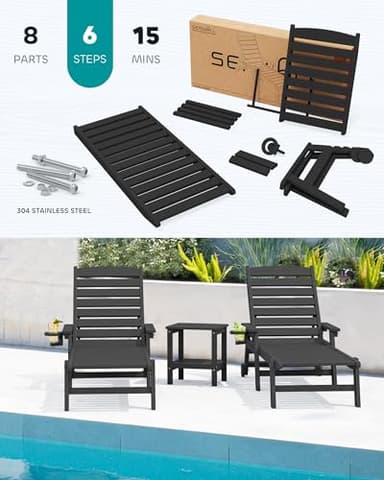 SERWALL Patio Chaise Lounge Chair Set of 2, 78'' Long 5-Positions Adjustable HDPE Outdoor Lounge Chair with Rolling Wheels & Cup Holder for Poolside, Deck, Obsidian Black - Image 6