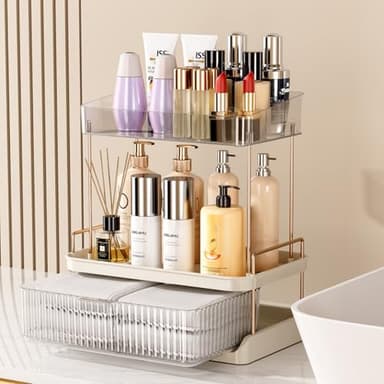 Delamu 2-Tier Bathroom Countertop Organizer with Drawer, Large Capacity Makeup Skincare Organizer Multi-Compartment Vanity Storage for Cosmetics Toiletries, Easy to Assemble, Stylish Design, Colorless - Image 5