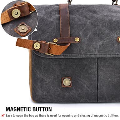 Mens Messenger Bag 15.6 Inch Waterproof Vintage Genuine Leather Waxed Canvas Briefcase Large Satchel Shoulder Bag Rugged Leather Computer Laptop Bag, Grey - Image 8