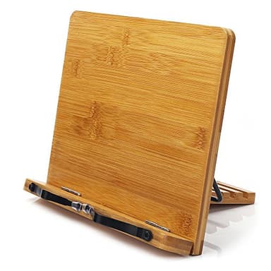 wishacc Bamboo Book Stand, Adjustable Book Holder Tray and Page Paper Clips-Cookbook Reading Desk Portable Stable Hard-Wearing Lightweight Bookstand-Textbooks Books - Image 1