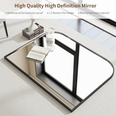 VETROVUE Black Wall Mounted Bathroom Mirror - 38” x 30" Inch Round Top Right Angle Wall Mirror, Aluminum Metal Framed, Decor for Living Room, Bedroom, Fireplace, Mantle, Entryway, Bathroom - Image 3