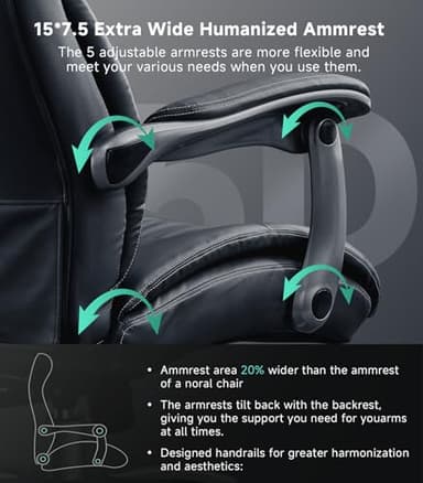 Big and Tall Office Chair with Wide Area Armrest, 600LBS PU Leather Executive Chair, Adjustable Lumbar Support 3'' Double Space Wheel, Managerial Home Desk Heavy Duty Office Chair (Black-A) - Image 4