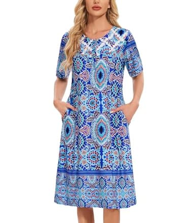 House Dresses for Women Floral Print Nightgowns Short Sleeve Lounge Moo Moo Dresses Sleepwears with Pockets - Image 1