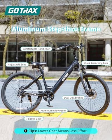 Gotrax Dolphin 26" Electric Bike, Max Range 30Miles(Pedal-assist1) & 20Mph Power by Peak 500W, 5 Pedal-Assist Levels & Front Suspension, 7-Speed&Boost Mode, City E-Bike for Adult White - Image 3