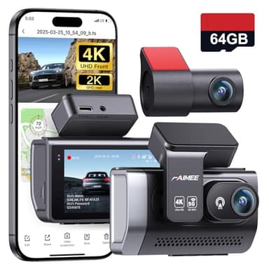 FAIMEE 4K Dash Cam Front and Rear with GPS, Upgraded 5.8G WiFi, Dual Dash Camera for Cars, Night Vision, WDR, 160°Wide Angle, 24H Parking Monitor, Emergency Lock, 3" IPS Screen (64GB Card Included) - Image 1