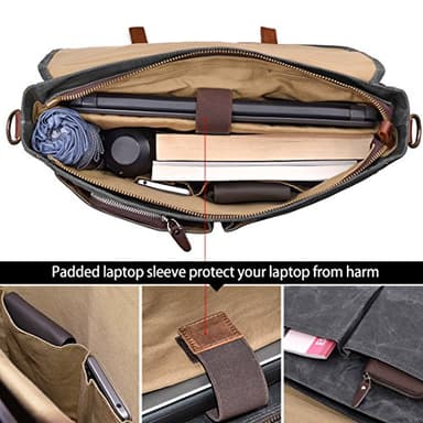 Mens Messenger Bag 15.6 Inch Waterproof Vintage Genuine Leather Waxed Canvas Briefcase Large Satchel Shoulder Bag Rugged Leather Computer Laptop Bag, Grey - Image 4