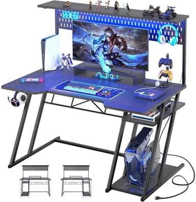 Armocity Gaming Computer Desk with Shelves and Outlets, Gaming Desk with Hutch and LED Lights, Reversible PC Gaming Desks with Pegboard, Carbon Fiber Black 47'' - Image 3