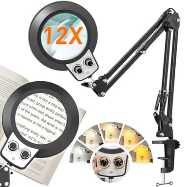 12X Magnifying Glass with Light, Any Color Modes & Stepless Dimming Brightness LED Magnifying Lamp with Clamp, Adjustable Arm Hand Free Lighted Magnifier for Craft Reading Repair Workbench Hobby - Image 1