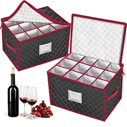 VERONLY Christmas Stemware Storage Cases with Dividers- Holds 24 Wine Glass Storage or Crystal Glassware Containers, China Storage Containers with 2 Handles and Lable Window -Set of 2 Black - Image 1
