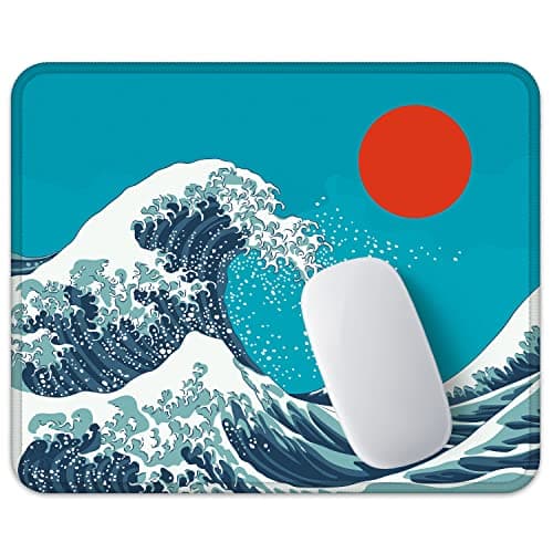 Auhoahsil Mouse Pad, 12 x 10 in Japanese Style Wave Computer Mouse Pad for Desk, Premium-Textured Non-Slip Rubber Stitched Edges Waterproof Square Mouse Mat for Gaming Work Wireless Mice, Blue - Image 1