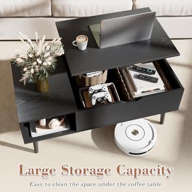 OLIXIS Wood Lift Top Coffee Table with Hidden Compartment and Large Storage Shelf, Lift Tabletop Dining Center Table for Home Living Room Office, Black - Image 4