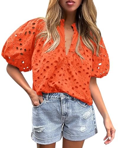 PRETTYGARDEN Women's Summer Tops 2025 Dressy Casual Short Sleeve V Neck Buttons Hollow Out Lace Embroidered Blouses Shirts (Orange,Large) - Image 1
