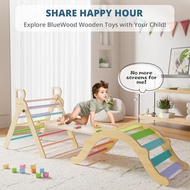 BlueWood Pikler Triangle Set, Toddler Wooden Climbing Toys Indoor 7in1 Foldable Climber for Kids, Montessori Philosophy Play Jungle Gym with Arch, Ramp, Ladder (Colorful Spring) - Image 6