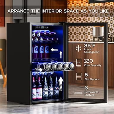 Manastin Beverage Refrigerator Cooler-120 Cans Freestanding Mini Fridge Cooler with Glass Door, Adjustable Shelves & Digital Temperature Display for Soda, Wine or Beer (Black, 3.2 Cu.Ft - Image 3