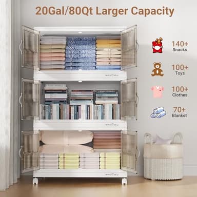 BROVIEW 320Qt Stackable Storage Bins with Lid, Closet Organizer and Storage Drawer, Collapsible Storage Box with Wheels, Plastic Clothes Storage Cabinet Containers for Home Organization, 4Pack White - Image 3