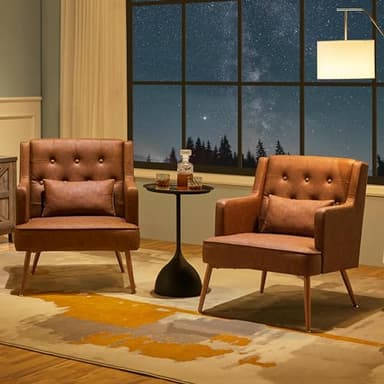 Yaheetech Accent Chair, Living Room Chair Mid Century PU Leather Armchair Lumbar Pillow, Comfy Upholstered Reading Chair Wood Leg Bedroom Lounge Brown - Image 4
