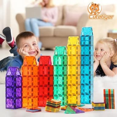 CuteTiger Magnetic Tiles, Magnet Tiles, 100 Pcs Magnetic Building Blocks No Cars, Square Building Castle, Preschool Toys, STEM Stacking Construction Montessori Toys for Kids - Image 5