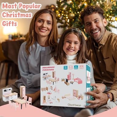 Giant bean 36pcs Wooden Dollhouse Furniture Set with Dolls for 5 Rooms, Wood & Plastic Pink Dollhouse Accessories Pretend Play Furniture Toy Christmas Birthday Gift Toy for Kids Boys Girls Toddler 3+ - Image 8