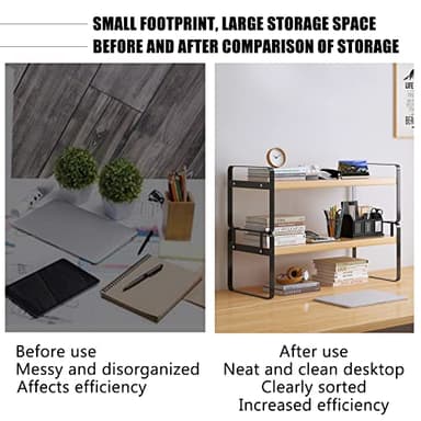 YGYQZ Wood Office Desk Shelf Organizer - Desktop Supplies Cute Dresser Top Organization Storage Rack and Cubicle Decor Aesthetic Bookshelf for Women Man and Kids (Black-Two Tier) - Image 6
