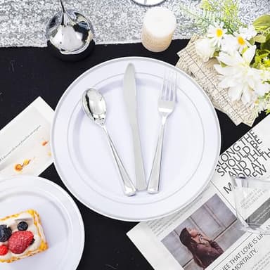bUCLA 600pcs Silver Plastic Dinnerware Set for 100 Guests - Silver Christmas Dinnerware Set Disposable for Party - Include 100 Dinner Plates,100 Dessert Plates,100Cups,100 Knives,100 Forks,100 Spoons - Image 7