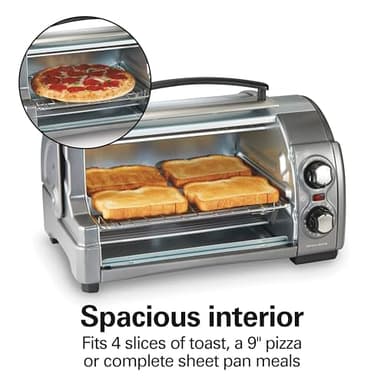 Hamilton Beach Easy Reach 4-Slice Countertop Toaster Oven With Roll-Top Door, 1200 Watts, Fits 9” Pizza, 3 Cooking Functions for Bake, Broil and Toast, Silver (31344DA) - Image 3