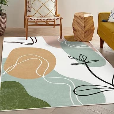 Wonnitar Boho Art 5x7 Rug, Washable Modern Abstract Living Room Area Rug, Minimalist Aesthetic Non-Slip Throw Rug for Bedroom, Non-Shedding Print Indoor Floor Carpet for Dorm Den (Art-Green,5'x7') - Image 1