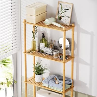 AmazerBath Over The Toilet Storage Shelf Bamboo, 3-Tier Over Toilet Organizer Rack, Freestanding Above Toilet Shelf for Bathroom, Laundry, Space Saver, Natural Color - Image 3